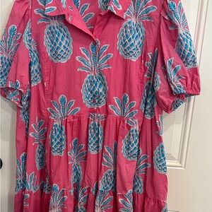 Crown & Ivey dress, pink with blue pineapples.